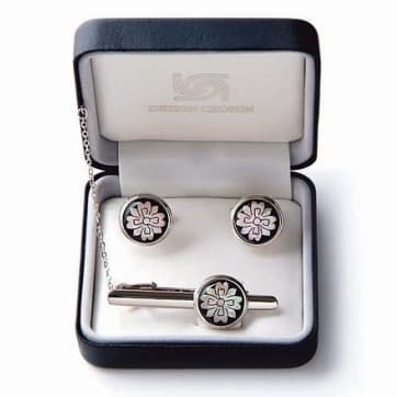 Mother of Pearl Tie Clip and Cufflinks Set Pear Blossom